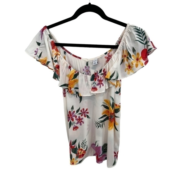 Old Navy Sleeveless Ruffle Neck Floral Top Hawaiian Print Pullover White XS - Picture 1 of 4